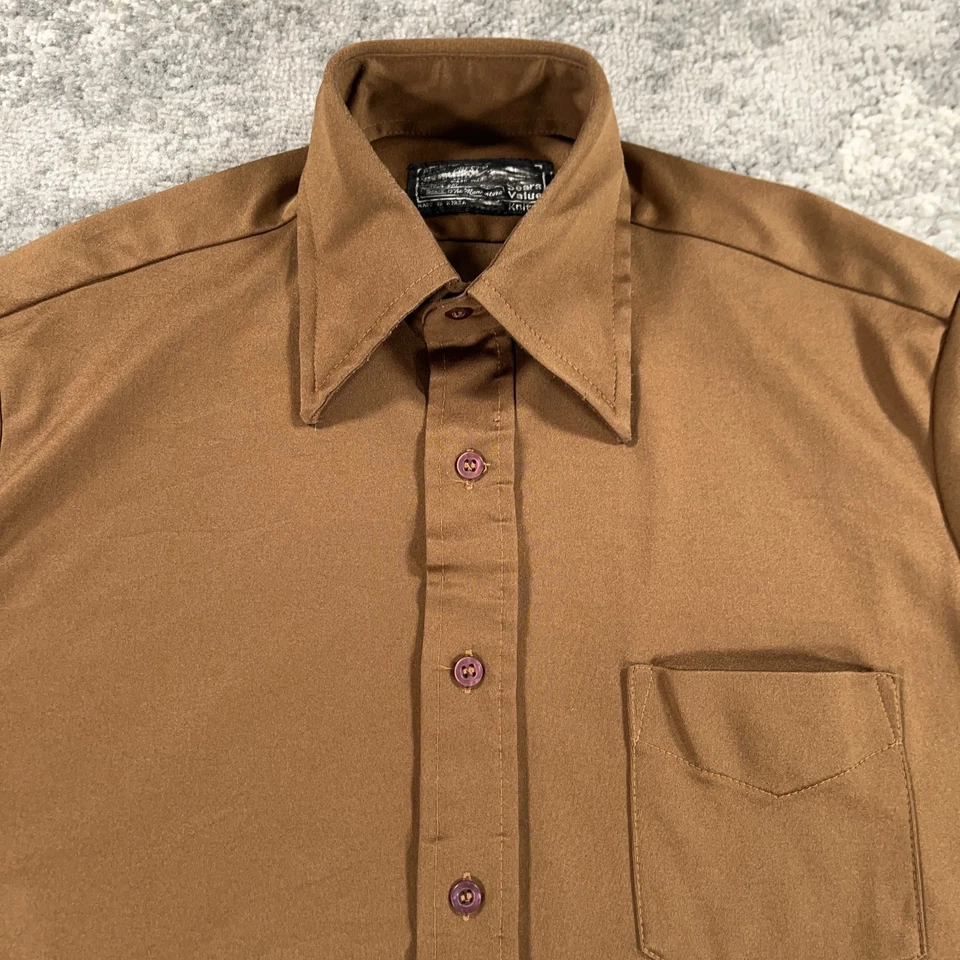 Винтажный Sears мужской магазин рубашка мужская средний коричневый коротким рукавом кинжал воротник 70-х 80-х - Изображение 2 из 4