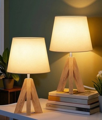 Wood Bedside Lamps Set of 2, Small Tripod Table Lamp, Modern Nightstand Lamp ...
