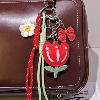 Vintage Tulip Flower Pendant Braided Tassel Bow Key Ring Sweet Gift for Ladies
