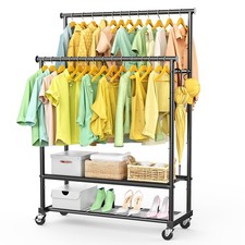 Double Rods Clothes Rack for Hanging Clothes, Heavy Duty Rolling Clothing Rac...