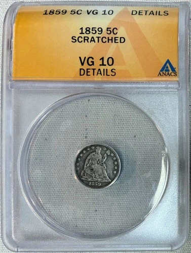 1859 Seated Liberty Half Dime, ANACS VG-10 Details, Scratched, Mintage Only 340k