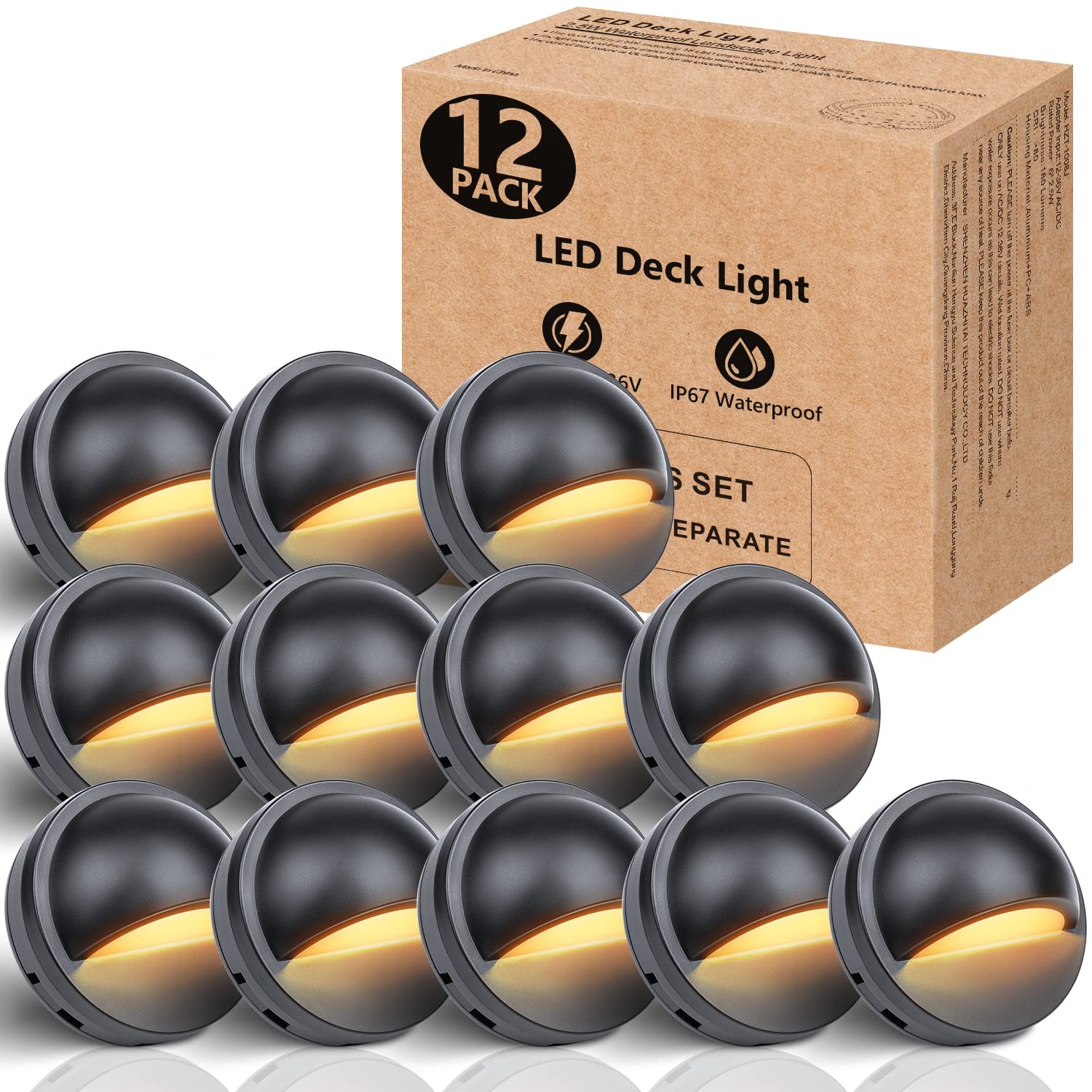 12 Pack 2.5W Low Voltage LED Deck Lights for Stairs Railings Landscape 180lm