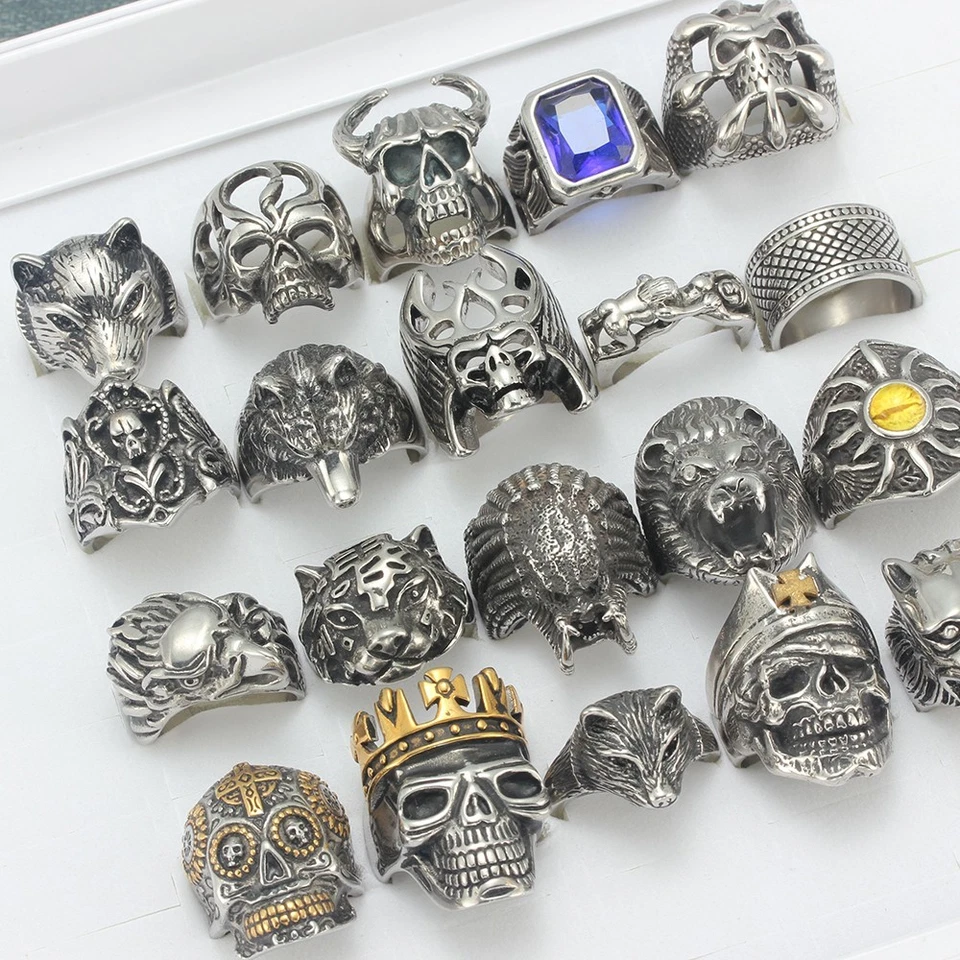 20pcs/Lot Stainless Steel Men Punk Biker Rings Wholesale Skull Jewelry Mix Gift - Image 2 of 4