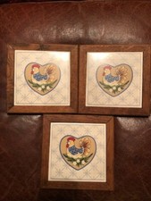 LOT OF 3 VINTAGE ROOSTER WOOD AND TILE TRIVETS