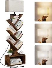 6 Tier Tree Bookshelf with Light, Narrow Bookcase Tower, Tall Floor Standing Boo