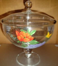 Beautiful Glass Vintage Covered Candy Dish.  Flowers Butterfly 
