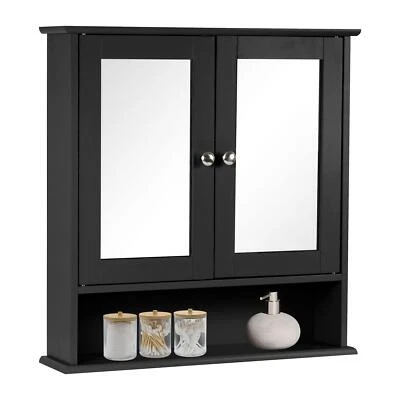 TAYLOR & BROWN Black Wooden Double Mirror Door Indoor Wall Mountable Bathroom Cabinet Shelf New
