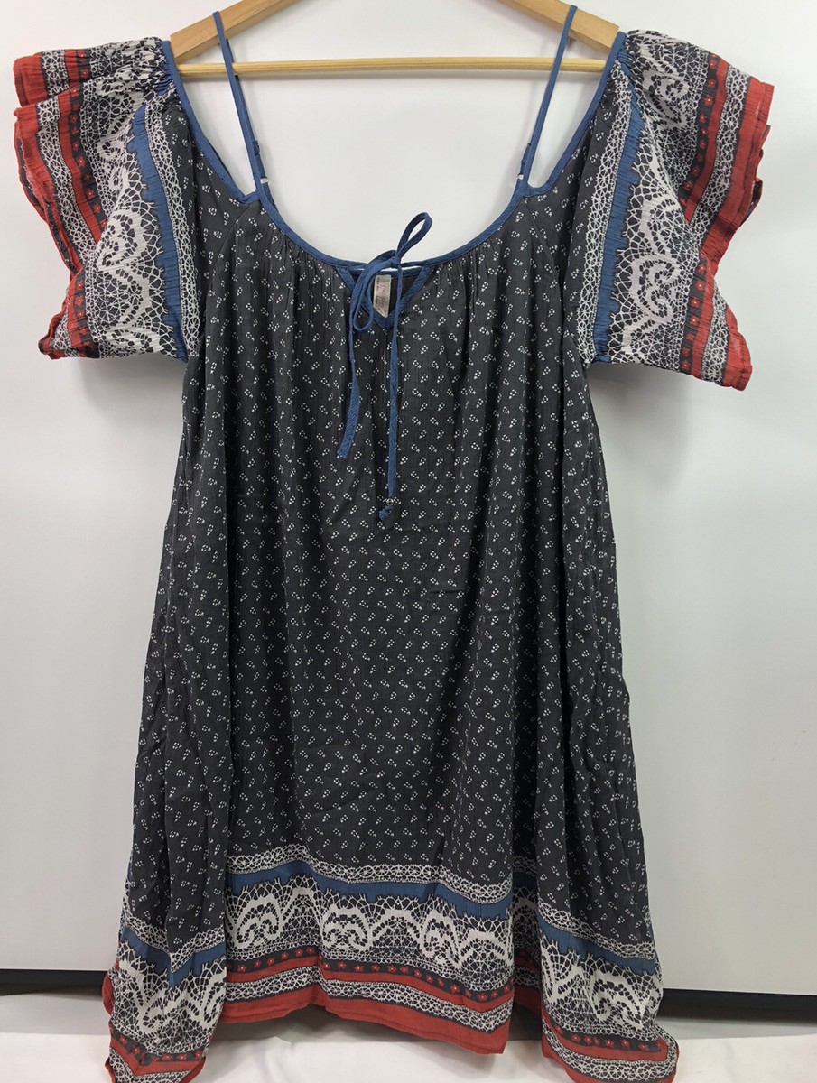 Free People Boho Mini Dress White Blue Cold Shoulder Short Flutter Sleeve  Small | eBay