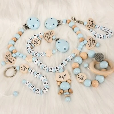 NELINO SCHNULLERKETTE MIT NAMEN SET Schnullerkette mit Namen für Jungen babyblau mini BOSS SET Baby♥Geburt♥Geschenk