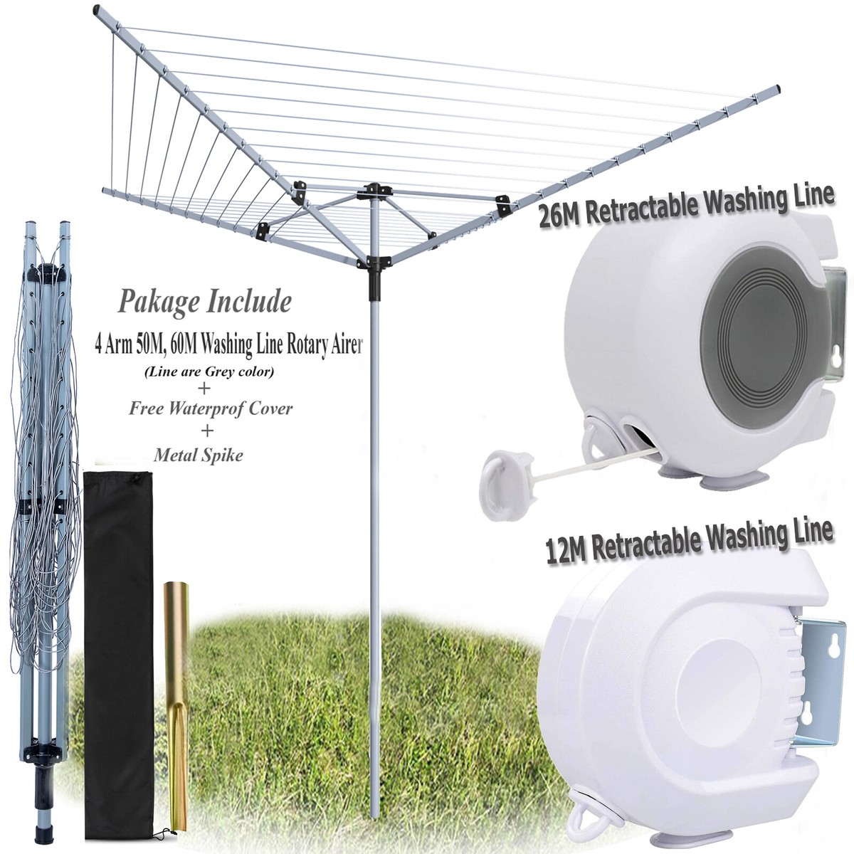 4Arm Rotary Airer Outdoor Clothes Dryer Ground Spike Washing Line Laundry  Supply