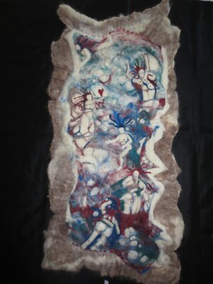 Unique Vtg. Handmade NUDES Folk Art FELTED WOOL Art WALL HANGING - 15'' x 35''