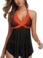 Womens Mesh Tankini Swimdress Two Piece V Neck Bowknot Halter Swimsuit 1X