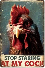 Funny Rooster Decor Vintage Metal Tin Sign Chicken Coop Accessories, Stop Starin