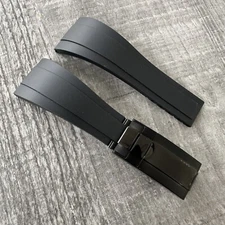 22mm Black Silicone Rubber Oysterflex Watch Strap With Black Deployment Clasp