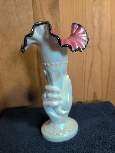 Large 11" Fenton Iridized Beautiful Black Rose Hand Vase