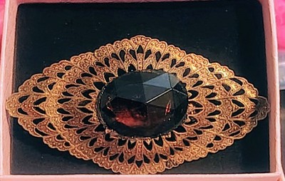 Filigree Broch with Brown Glass Stone Vintage Brooch Gold Tone Jewelry