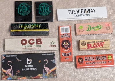 8 Packs Rolling Paperst & 2 Matchbooks Binske 32 leaves, RAW, Rasta Wraps, Danks