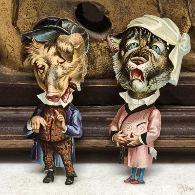 Lot of 2 Humorous Die Cut Scraps of Animals In Human Clothing w/ Big Heads - L6