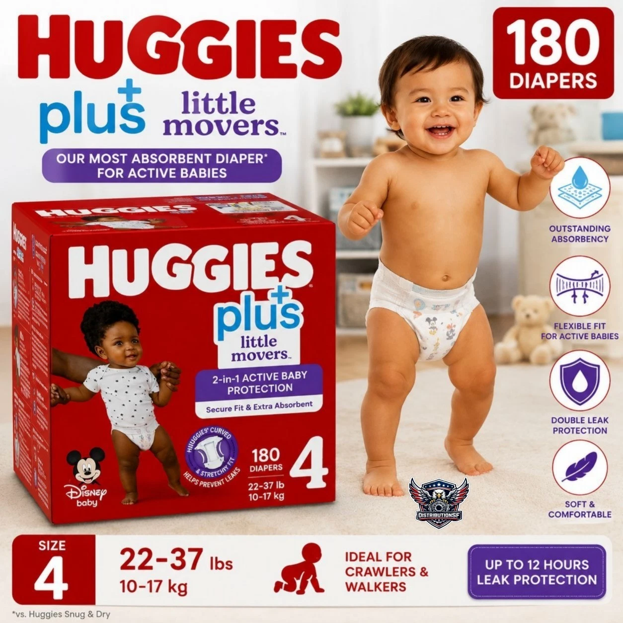 Huggies Plus Little Movers Size 4 Diapers 180 Ct Active Baby Leak Protection