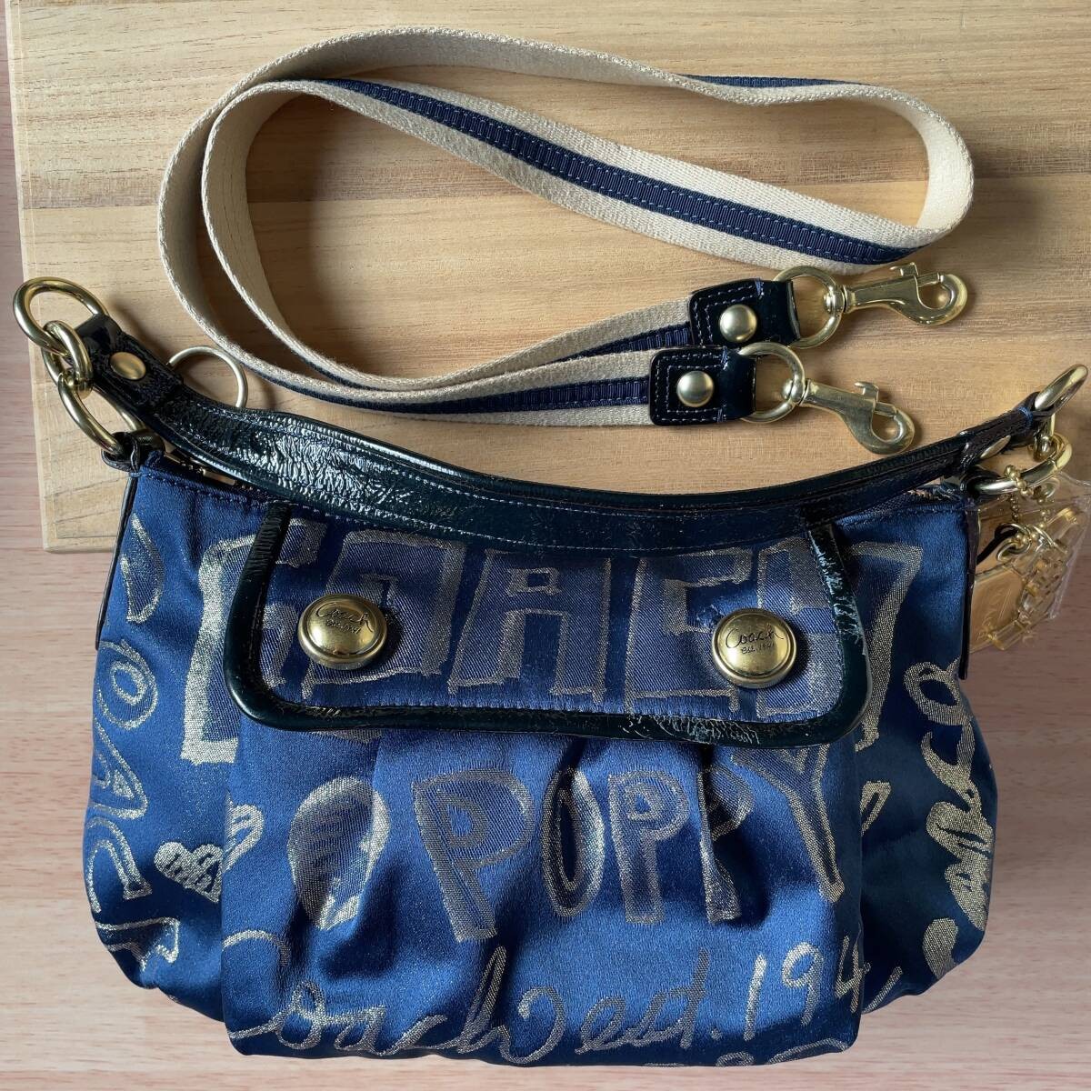 COACH Poppy Navy Blue Gold 2-Way Shoulder Bag Handbag