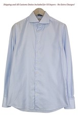 SUITSUPPLY Men's Formal Shirt 40/15 3/4 Extra Slim Blue Cotton Stripe Patterned