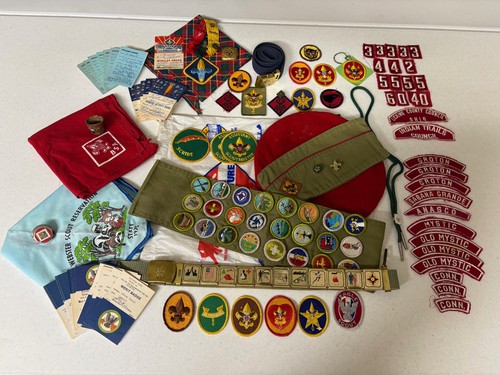 BSA Boy Scout Lot Handkerchiefs, Certificates, Patches, Belts, Cap, Pins & More