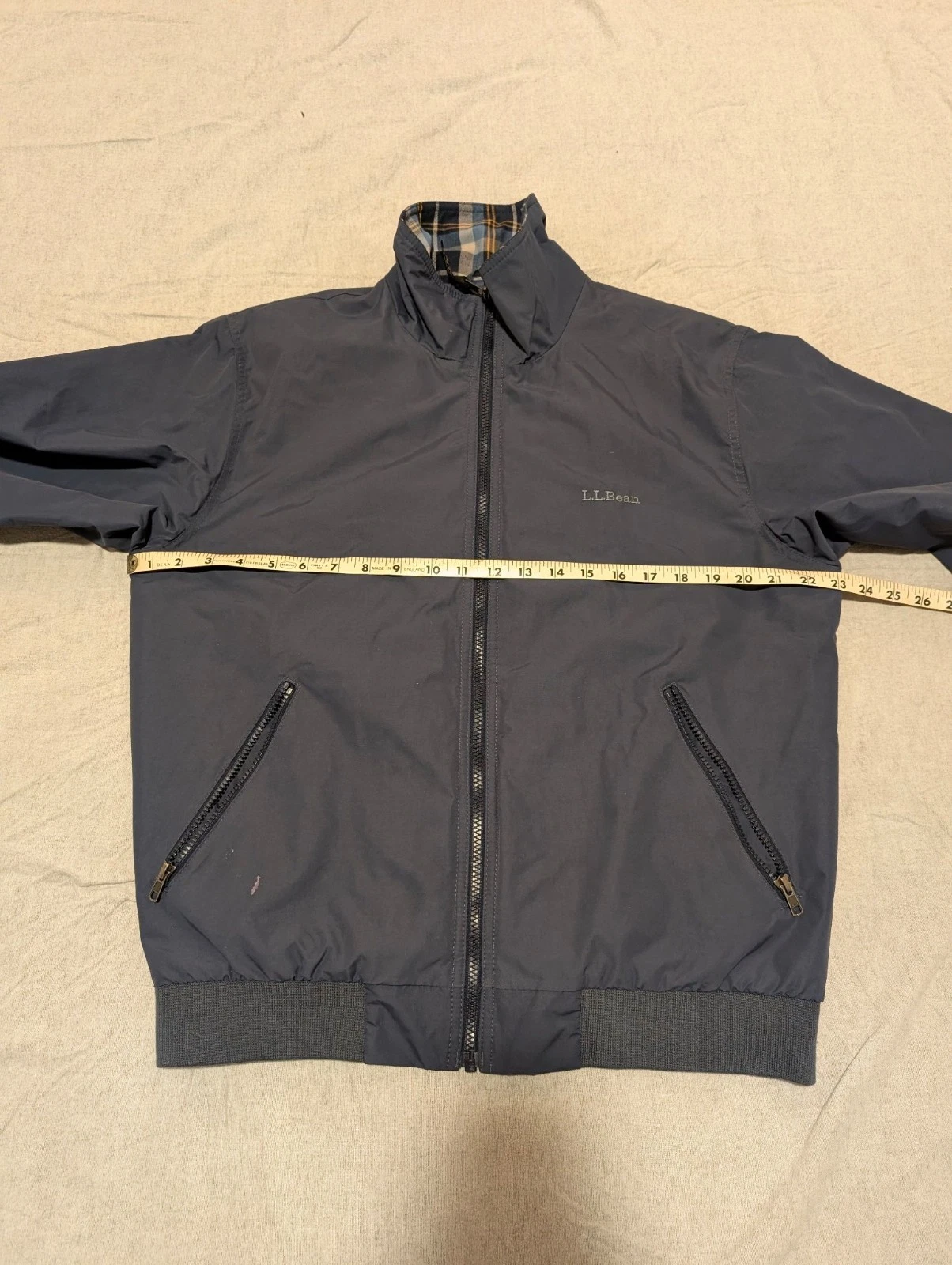 L.L.Bean Men's Warm-Up Jacket Flannel-Lined Dark Navy S Plaid Lining Full Zip - product detail image 8