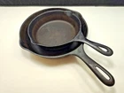 LOT x2 Antique Vintage #4 + #6 Cast Iron Skillets Pour Spout Lodge Wagner? USA?