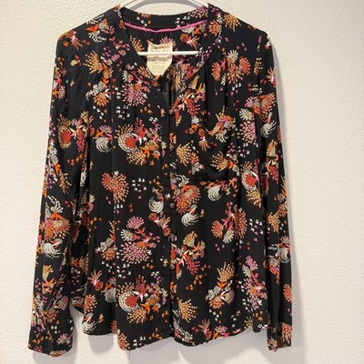 Anthropologie Conversations Size-10 Blouse 28 of 52 Bird Print Black