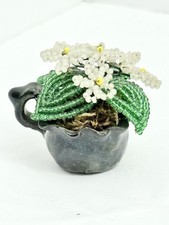 Vintage Hand Beaded French Glass White Green Flowers in Pottery Glass Basket