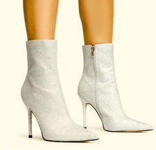 EGO DEVOTED POINTED TOE STILETTO HEEL ANKLE BOOT IN SILVER GLITTER