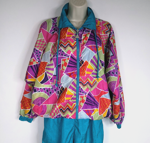 VTG 80s 90s Tracksuit Womens S Green Pink Multicolor Windbreaker Set Reversible - Picture 4 of 18