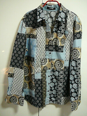G Taifun Bluse Tunika Gr 44 blau beige weiße Kreise + Blüten Mustermix