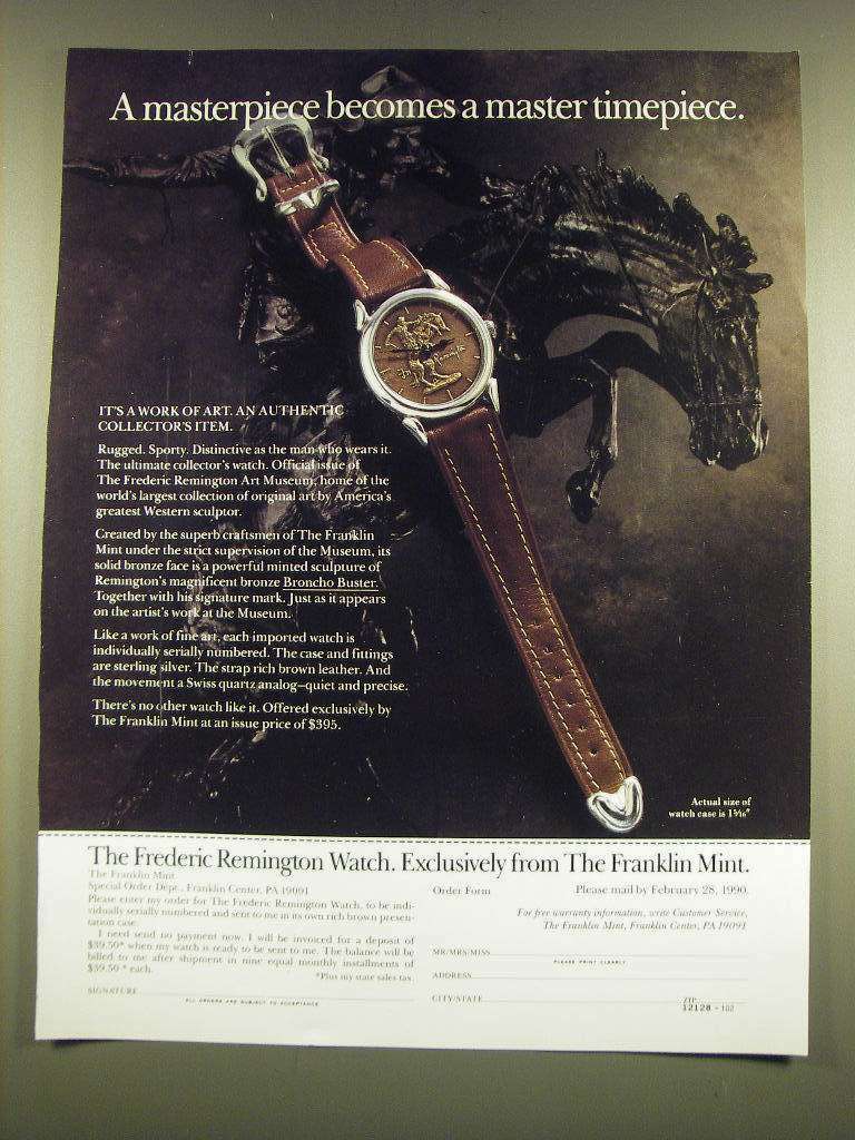 1990 The Franklin Mint Frederic Remington Watch Ad - A Masterpiece