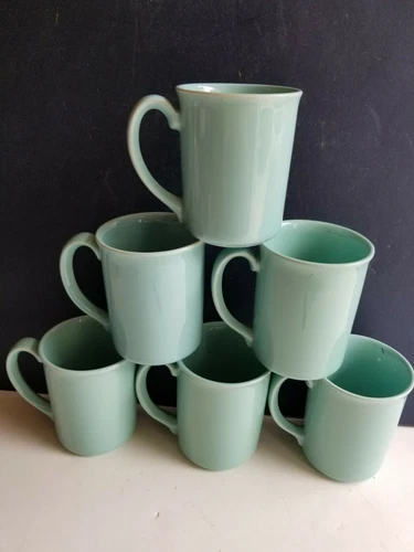 Vtg Corning Mugs Set of 6 Turquoise Green Coffee Mugs 3 3/4"