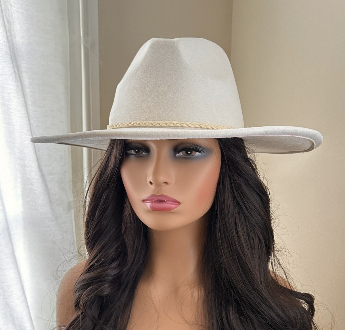 Wide Brim Faux Suede Braided Band Fedora Rancher Milky White  display picture 2
