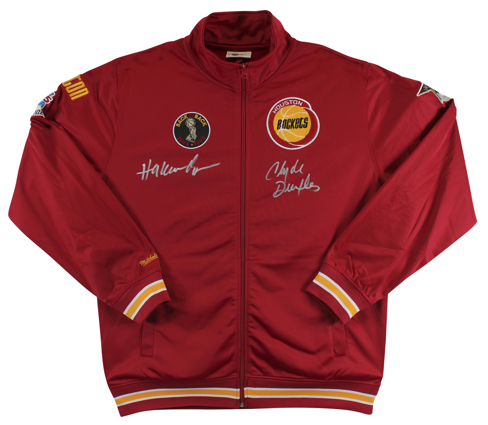 Hakeem Olajuwon & Clyde Drexler Autographed Signed Houston Rockets Rockets Red M&N Warmup Jacket BAS Witness 