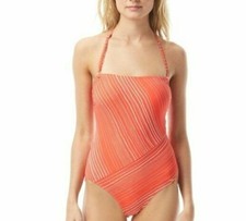 Vince Camuto Women's Stripe Spliced Bandeau Swimsuit sz 4 Poppy