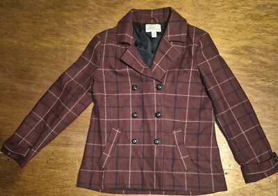 EUC Vintage Levi s Women Vintage Red Plaid Pea Coat Blended Wool Size Large 