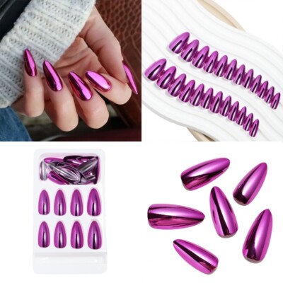 24pcs Medium Almond Press On Nails Metallic Mirror Effect Fake False Nails