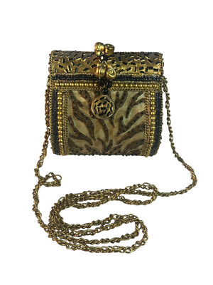 Vintage Mary Frances Clamshell Beaded Gold Chain Crossbody Evening Bag  Clutch