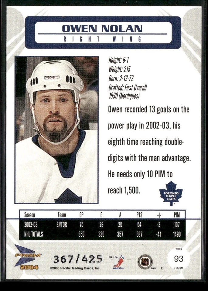 Owen Nolan 2003-04 Pacific Prism Gold #93 #/425 - Toronto Maple Leafs - Image 2 of 2