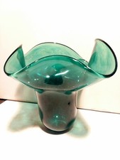 Hand blown glass art vase blue green vessel contemporary