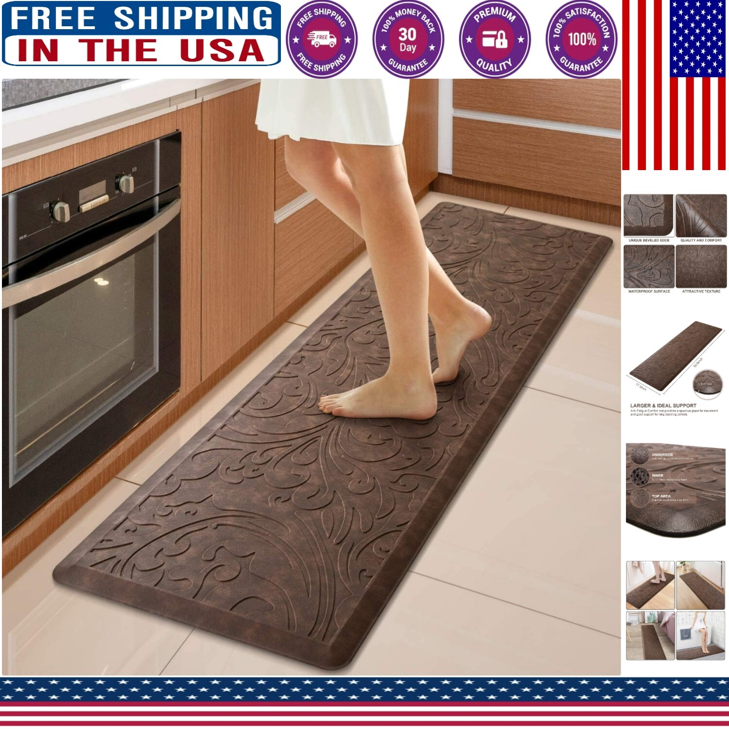 Elegant 17.3x60 Anti-Fatigue Kitchen Mat Waterproof Non-Slip Comfort
