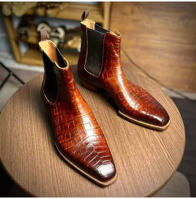 New Brown Crocodile Textured Leather Formal Ankle Chelsea