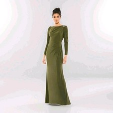 NEW Mac Duggal Draped Boat Neck Long Sleeve Trumpet Gown Olive Sz 14 Athena 