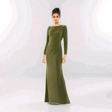 NEW Mac Duggal Draped Boat Neck Long Sleeve Trumpet Gown Olive Sz 14 Athena 
