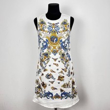 VERSACE JEANS COUTURE White Denim Mini Dress Gold Baroque Blue Print Size US 2