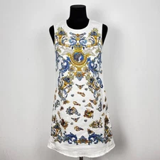 VERSACE JEANS COUTURE White Denim Mini Dress Gold Baroque Blue Print Size US 2
