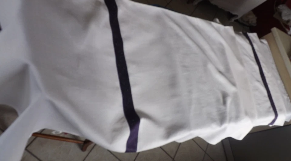 RARE, nappe (3.15 m) + 12 serviettes en lin, liteaux bleues foncé, fin 19éme - Photo 2/4